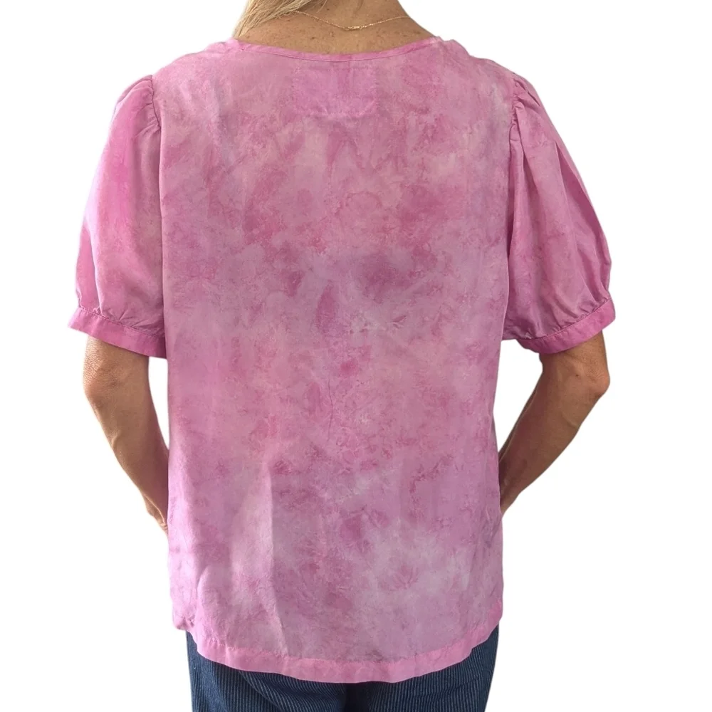 Johnny Was Amanda Bond 100% Silk Pink Peasant Blouse Puff Sleeve XS/S